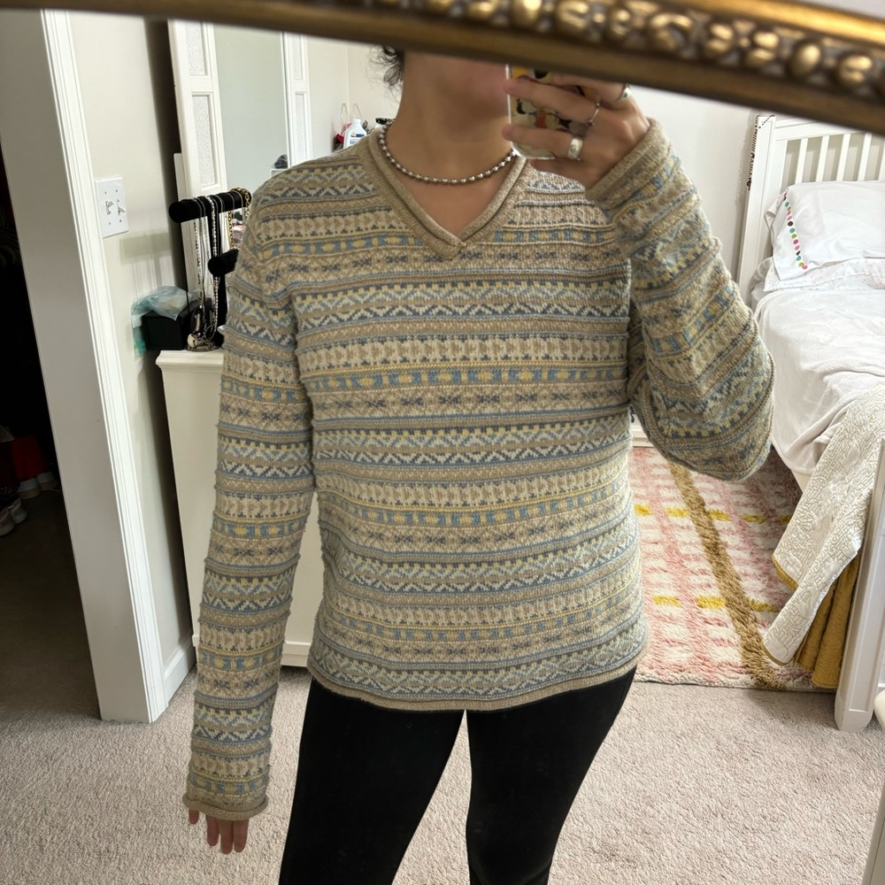Vintage 90’s Sweater S Vneck Chunky Knit Cotton Pullover Beige Blue Geometric 3D